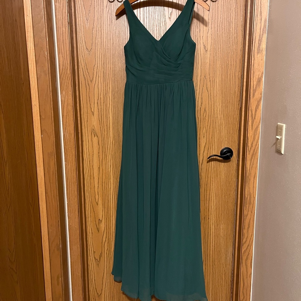 Azazie Keyla Dress A-line V-neck Pleated Chiffon Dark Green Size XS/S EUC